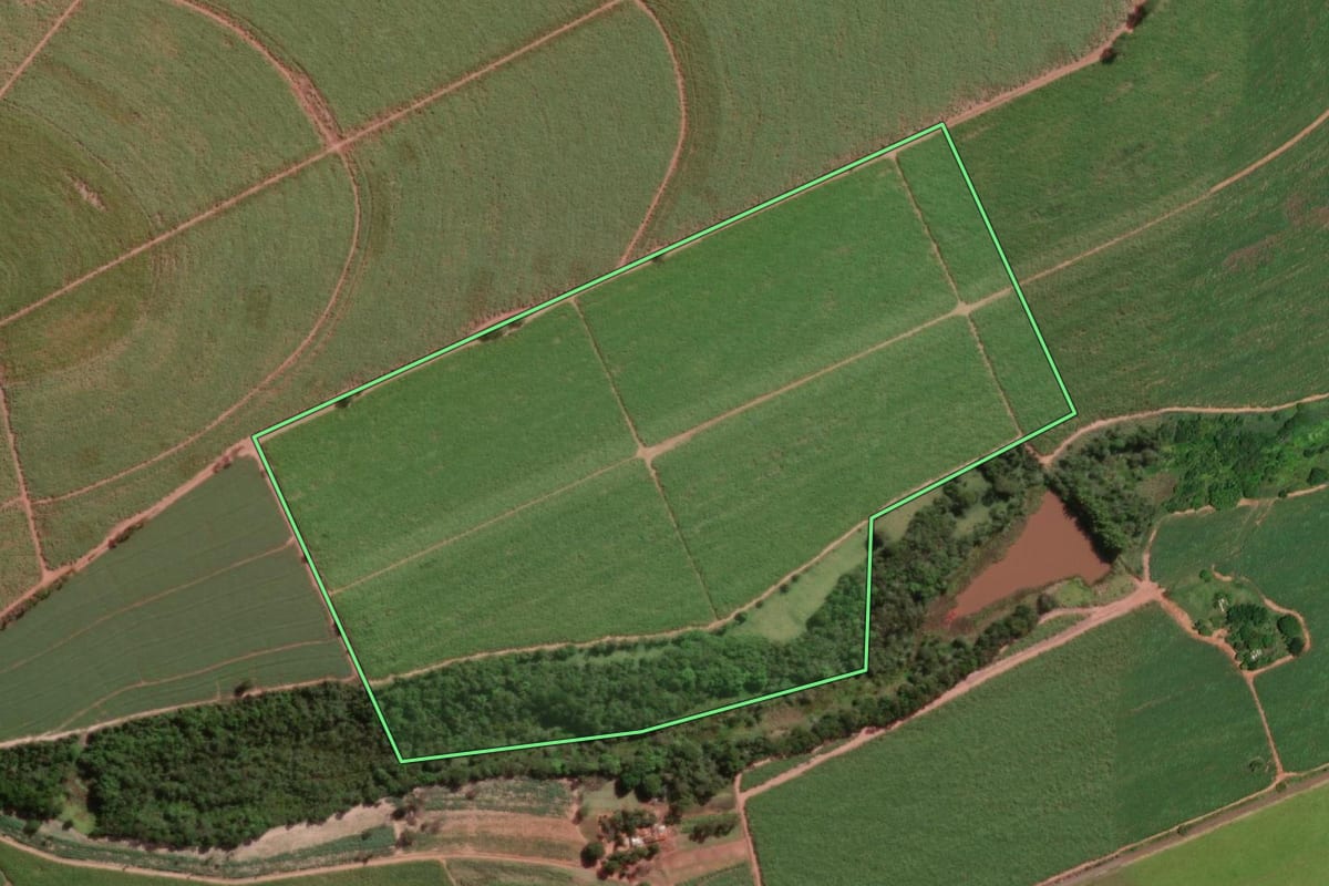 Imagem de satélite do imóvel rural em Barretos (SP), com o contorno declarado no CAR desenhado por cima.