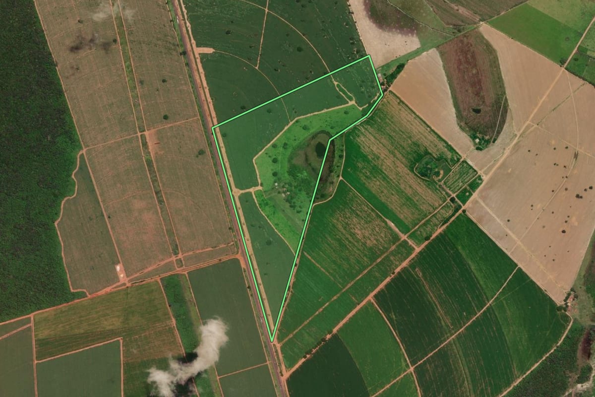 Imagem de satélite do imóvel rural em Barretos (SP), com o contorno declarado no CAR desenhado por cima.