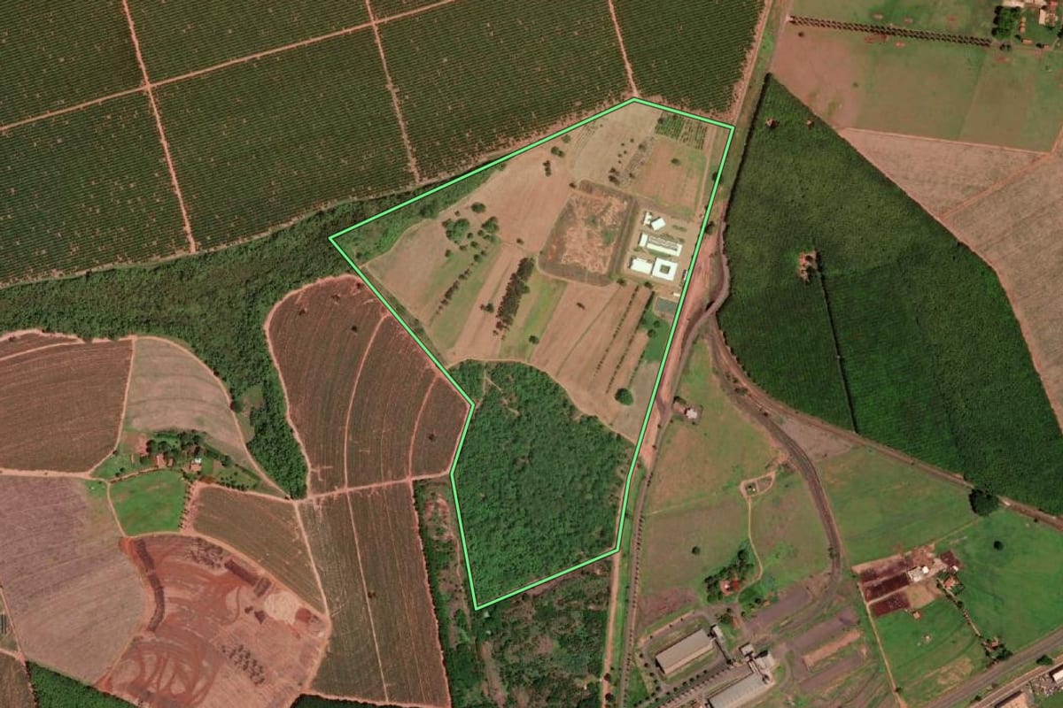 Imagem de satélite do imóvel rural em Barretos (SP), com o contorno declarado no CAR desenhado por cima.