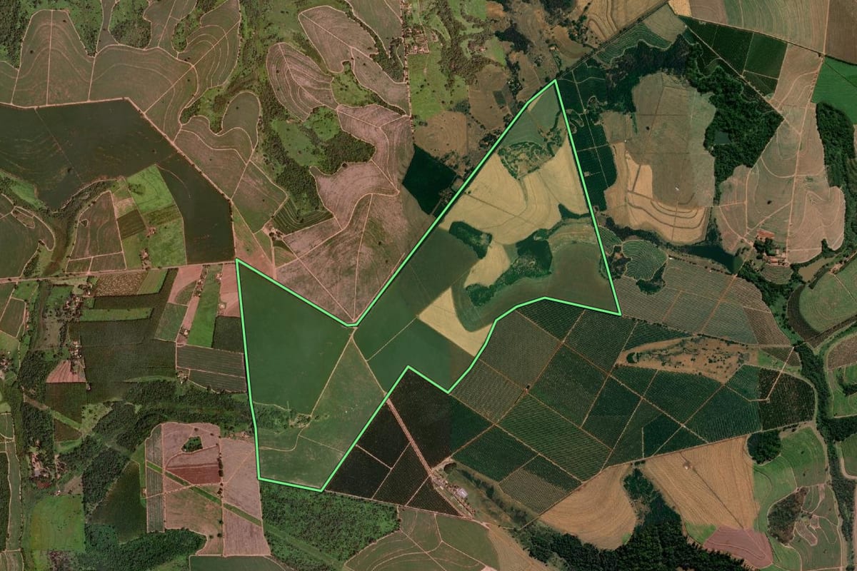 Imagem de satélite do imóvel rural em Barretos (SP), com o contorno declarado no CAR desenhado por cima.
