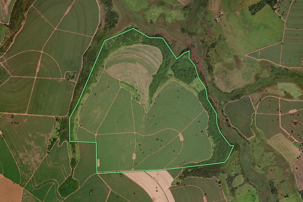 Imagem de satélite do imóvel rural em Barretos (SP), com o contorno declarado no CAR desenhado por cima.