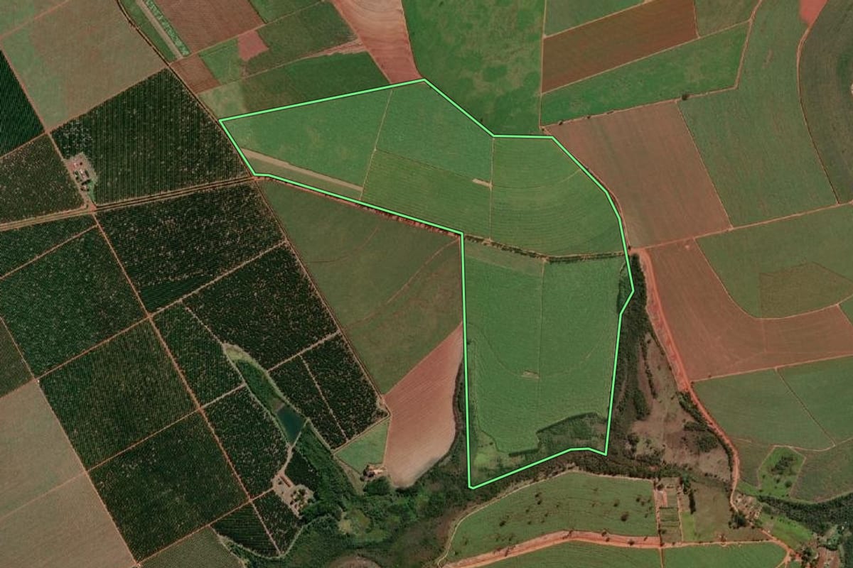 Imagem de satélite do imóvel rural em Barretos (SP), com o contorno declarado no CAR desenhado por cima.