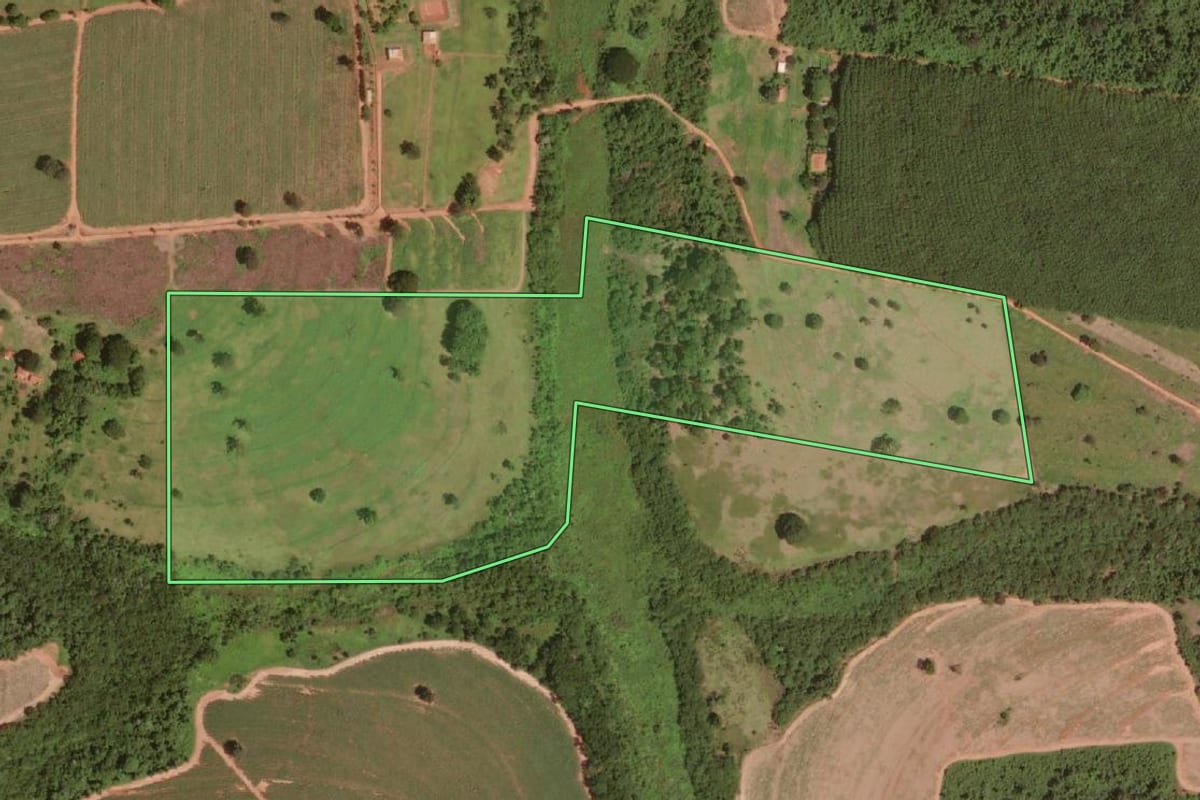 Imagem de satélite do imóvel rural em Barretos (SP), com o contorno declarado no CAR desenhado por cima.