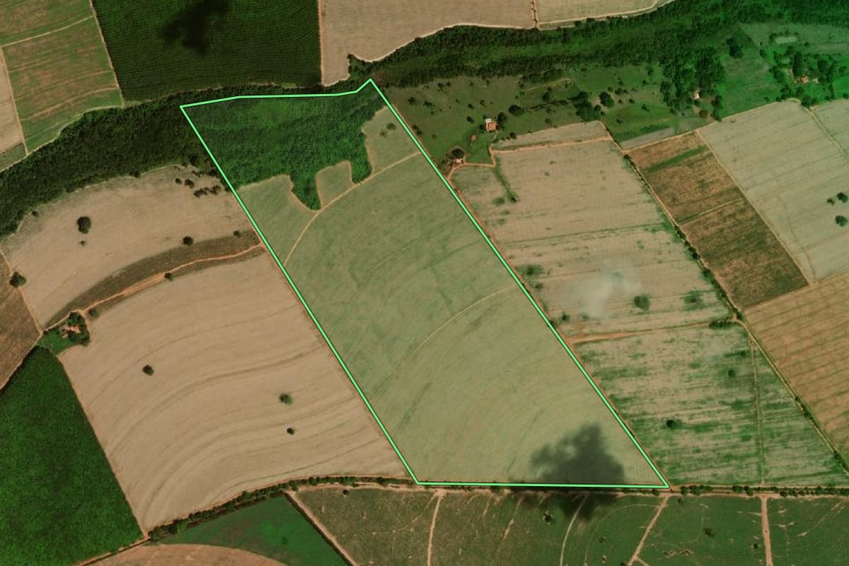 Imagem de satélite do imóvel rural em Barretos (SP), com o contorno declarado no CAR desenhado por cima.