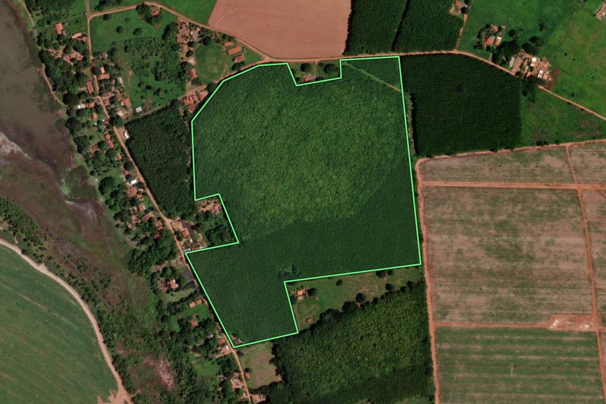 Imagem de satélite do imóvel rural em Barretos (SP), com o contorno declarado no CAR desenhado por cima.
