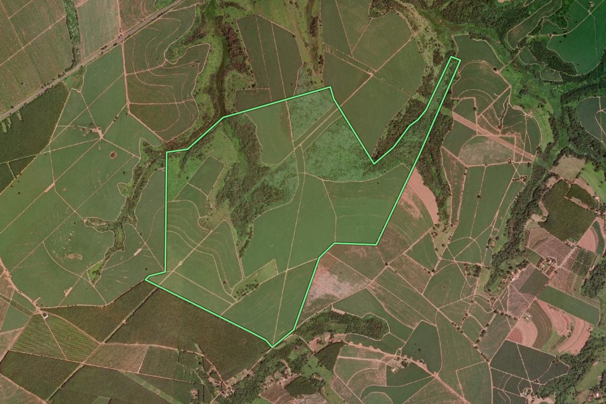 Imagem de satélite do imóvel rural em Barretos (SP), com o contorno declarado no CAR desenhado por cima.