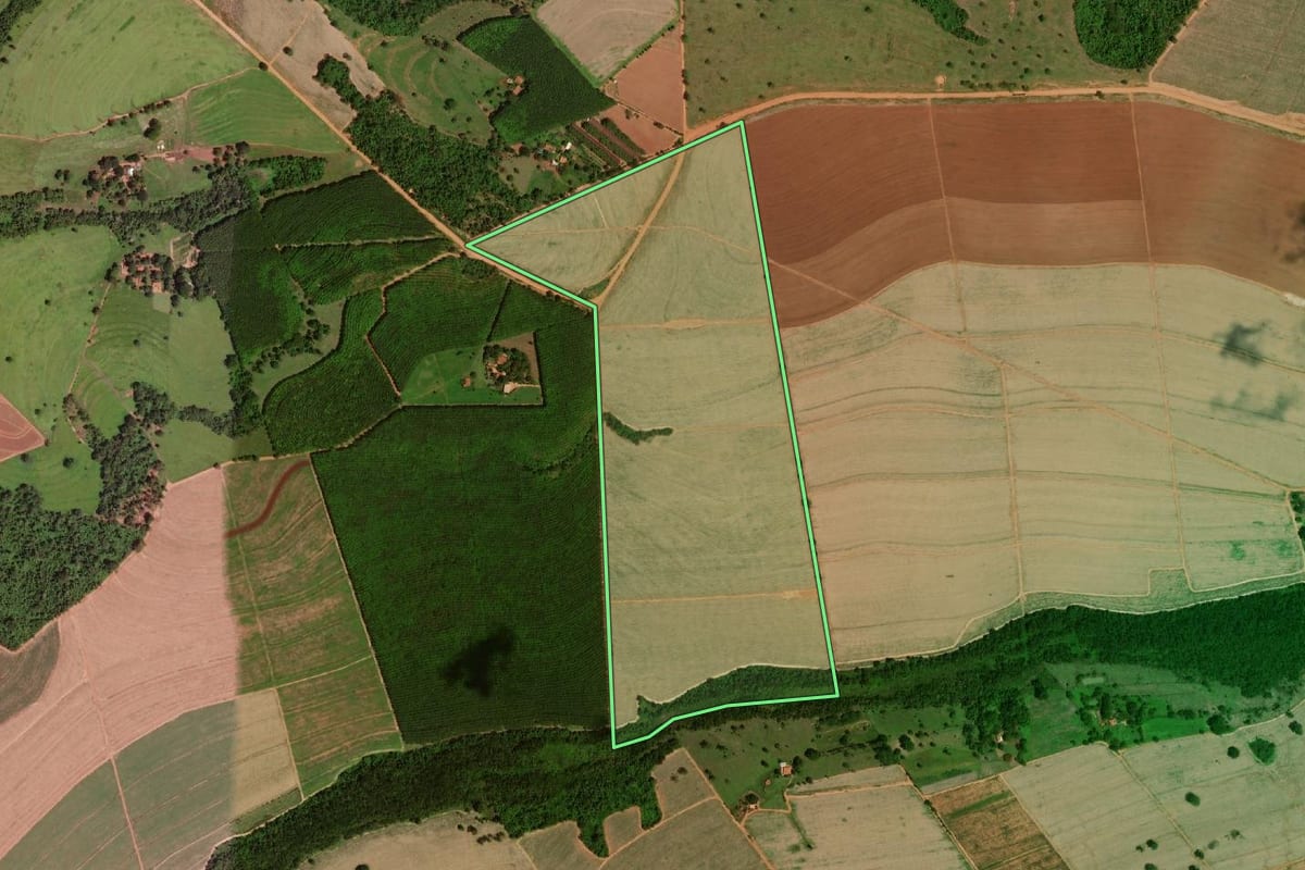 Imagem de satélite do imóvel rural em Barretos (SP), com o contorno declarado no CAR desenhado por cima.