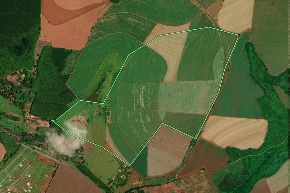 Imagem de satélite do imóvel rural em Barretos (SP), com o contorno declarado no CAR desenhado por cima.