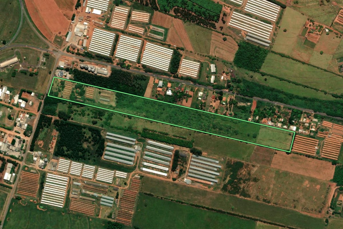 Imagem de satélite do imóvel rural em Bastos (SP), com o contorno declarado no CAR desenhado por cima.