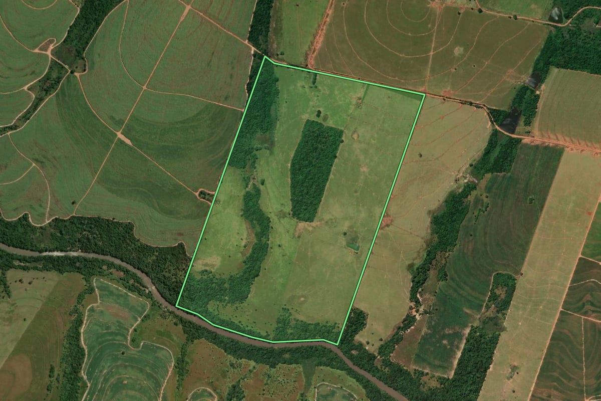 Imagem de satélite do imóvel rural em Bastos (SP), com o contorno declarado no CAR desenhado por cima.