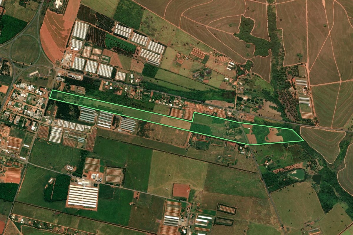 Imagem de satélite do imóvel rural em Bastos (SP), com o contorno declarado no CAR desenhado por cima.