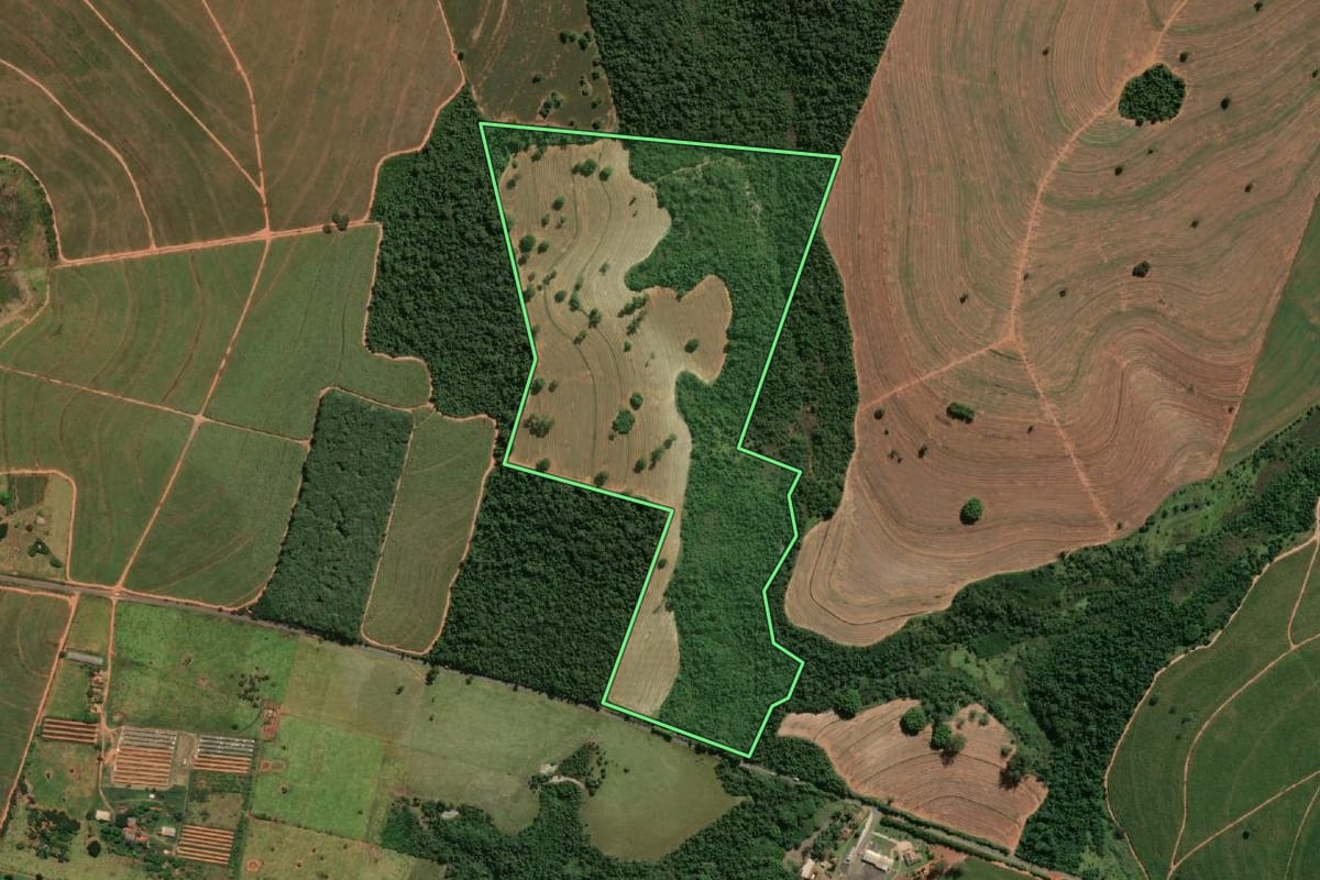 Imagem de satélite do imóvel rural em Bastos (SP), com o contorno declarado no CAR desenhado por cima.