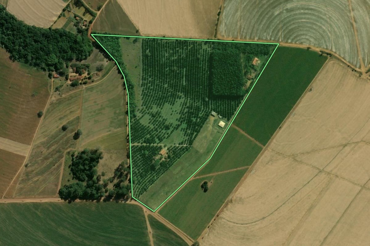 Imagem de satélite do imóvel rural em Batatais (SP), com o contorno declarado no CAR desenhado por cima.