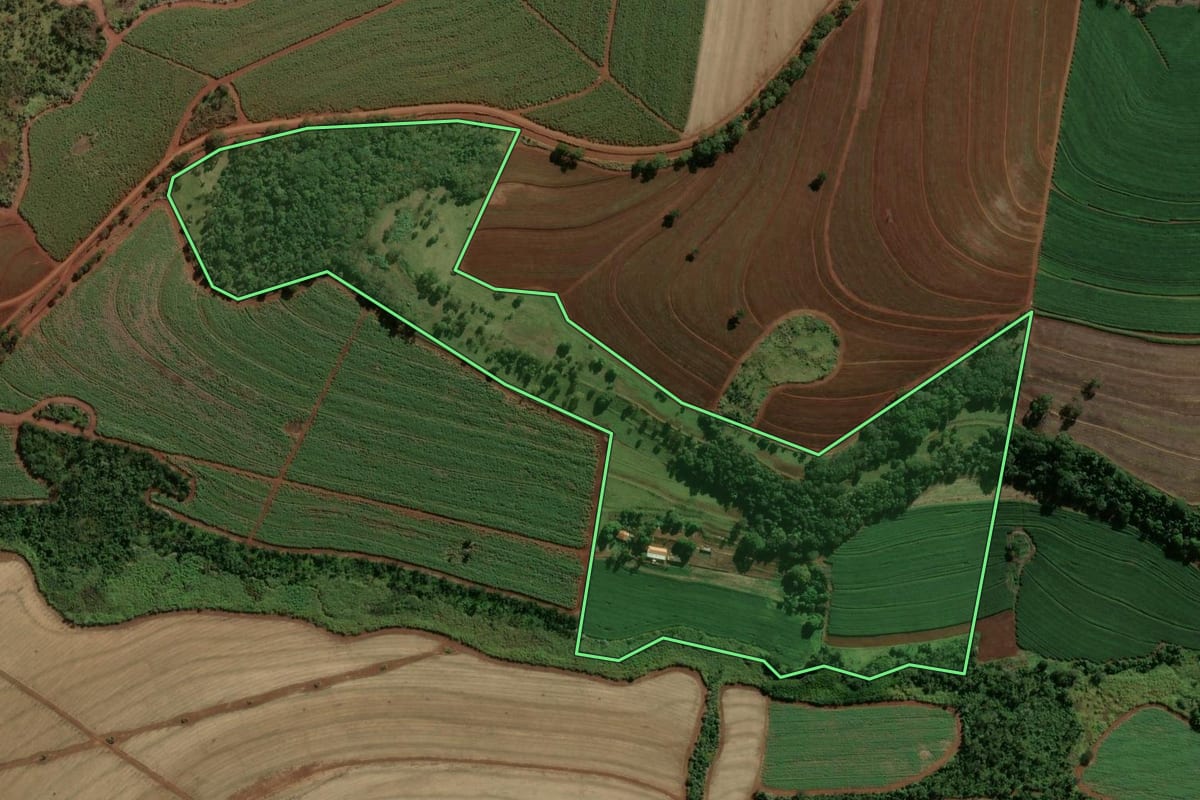 Imagem de satélite do imóvel rural em Batatais (SP), com o contorno declarado no CAR desenhado por cima.