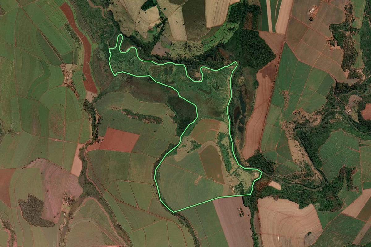 Imagem de satélite do imóvel rural em Batatais (SP), com o contorno declarado no CAR desenhado por cima.