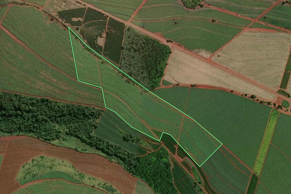 Imagem de satélite do imóvel rural em Batatais (SP), com o contorno declarado no CAR desenhado por cima.