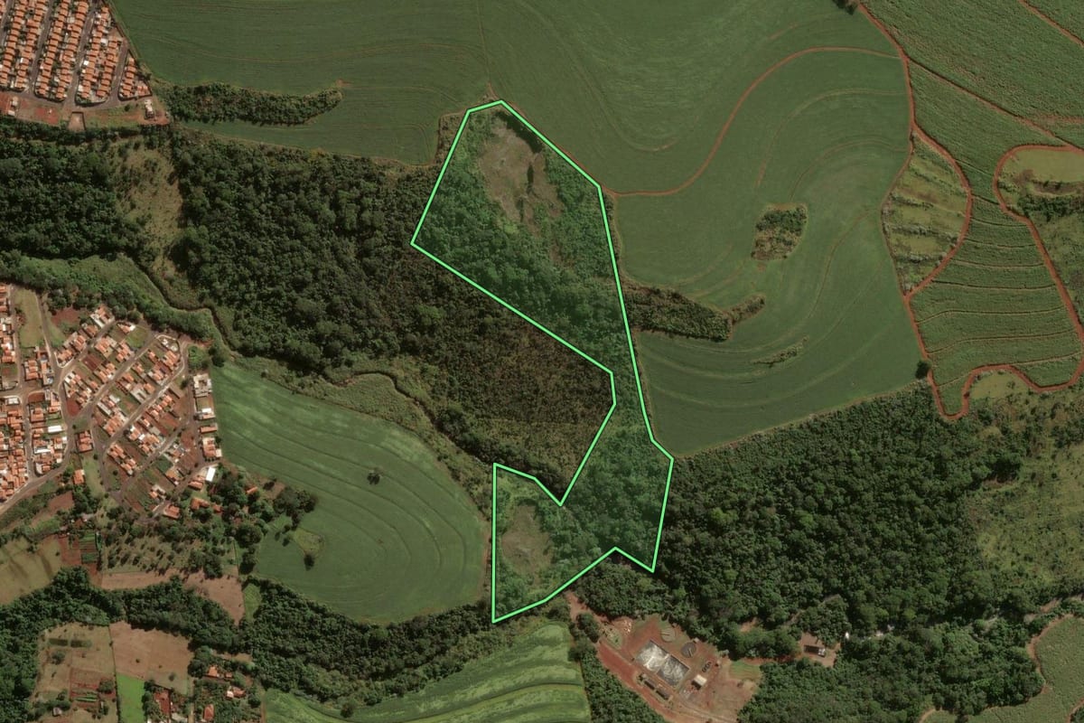 Imagem de satélite do imóvel rural em Batatais (SP), com o contorno declarado no CAR desenhado por cima.