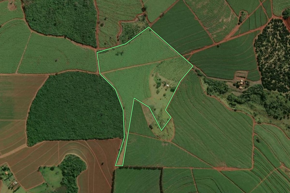 Imagem de satélite do imóvel rural em Batatais (SP), com o contorno declarado no CAR desenhado por cima.