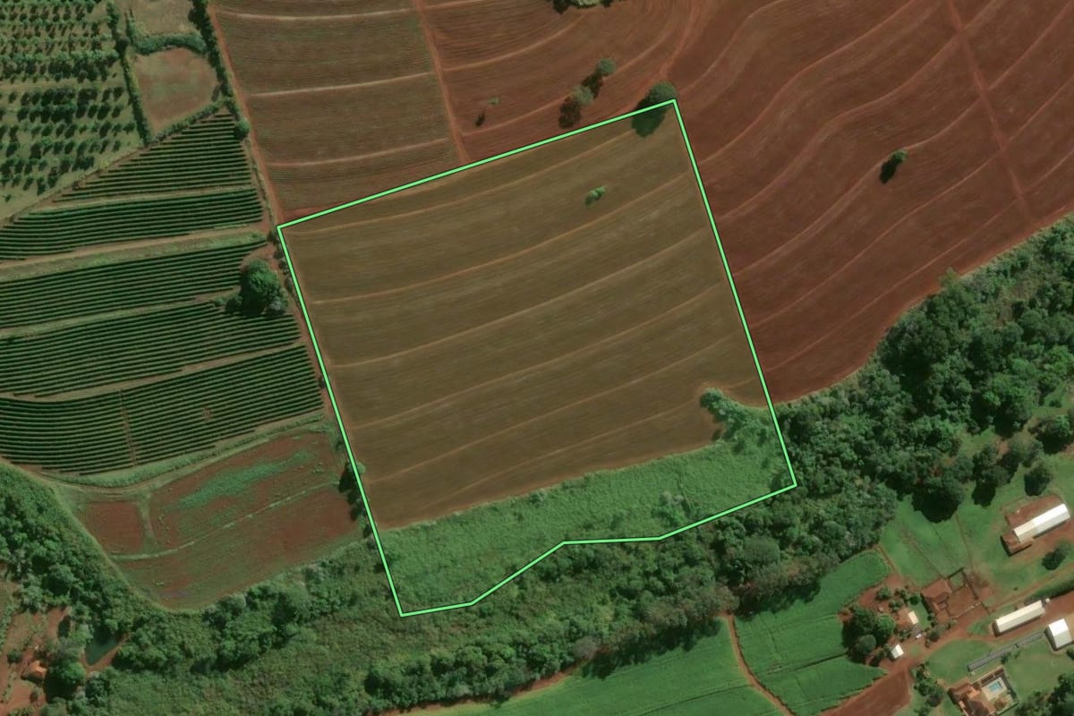 Imagem de satélite do imóvel rural em Batatais (SP), com o contorno declarado no CAR desenhado por cima.