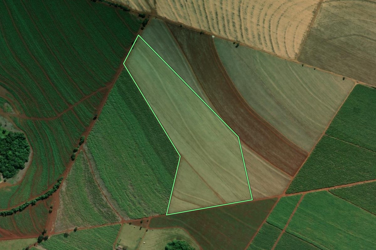 Imagem de satélite do imóvel rural em Batatais (SP), com o contorno declarado no CAR desenhado por cima.