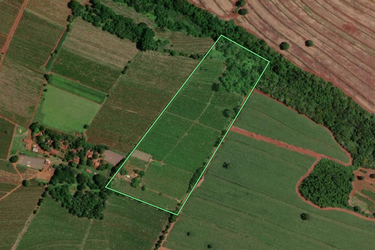 Imagem de satélite do imóvel rural em Batatais (SP), com o contorno declarado no CAR desenhado por cima.