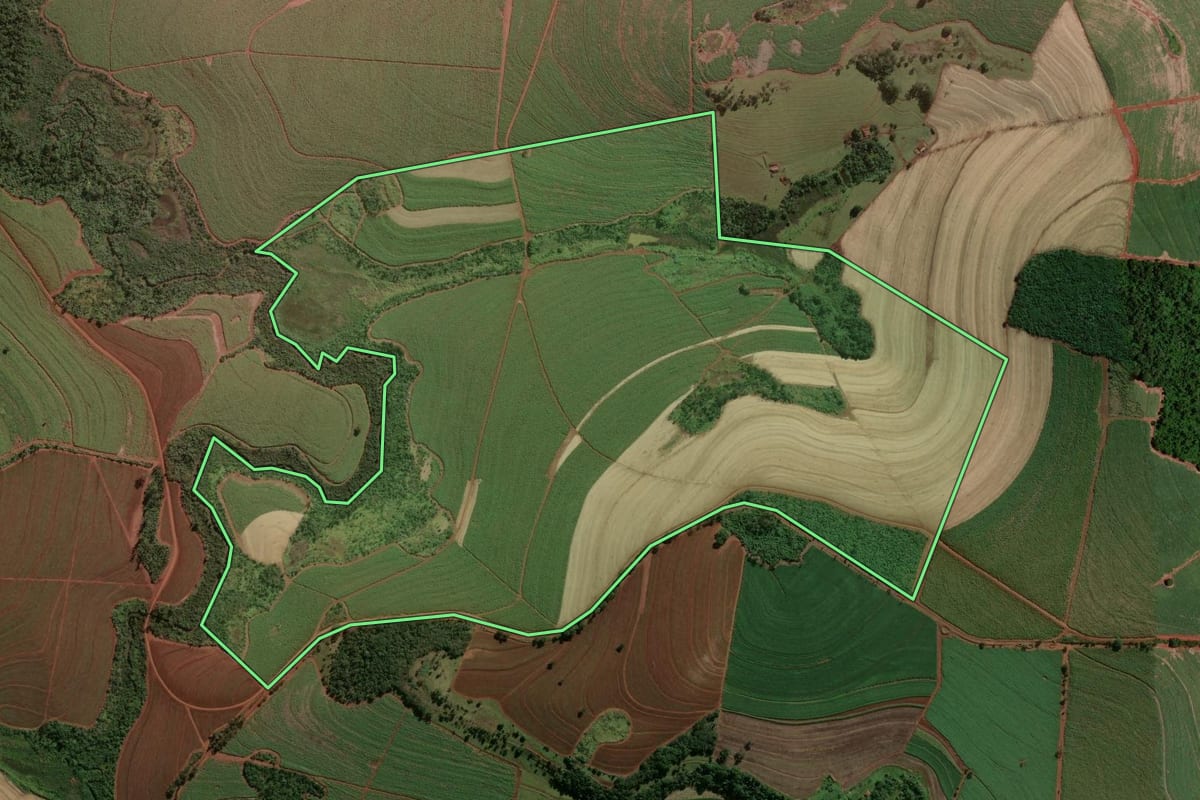 Imagem de satélite do imóvel rural em Batatais (SP), com o contorno declarado no CAR desenhado por cima.