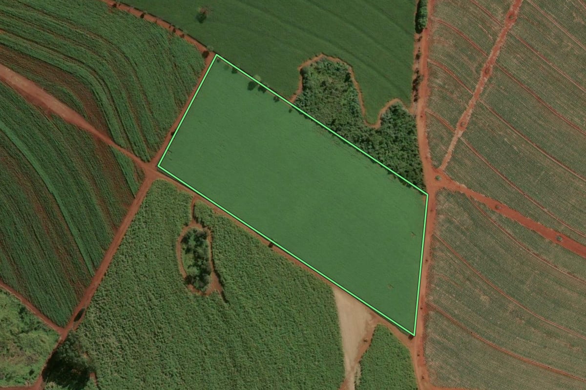 Imagem de satélite do imóvel rural em Batatais (SP), com o contorno declarado no CAR desenhado por cima.