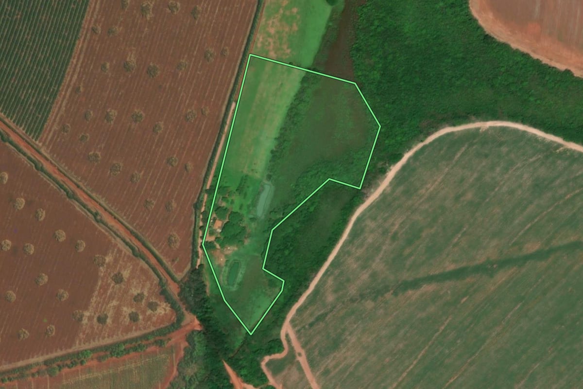 Imagem de satélite do imóvel rural em Bebedouro (SP), com o contorno declarado no CAR desenhado por cima.