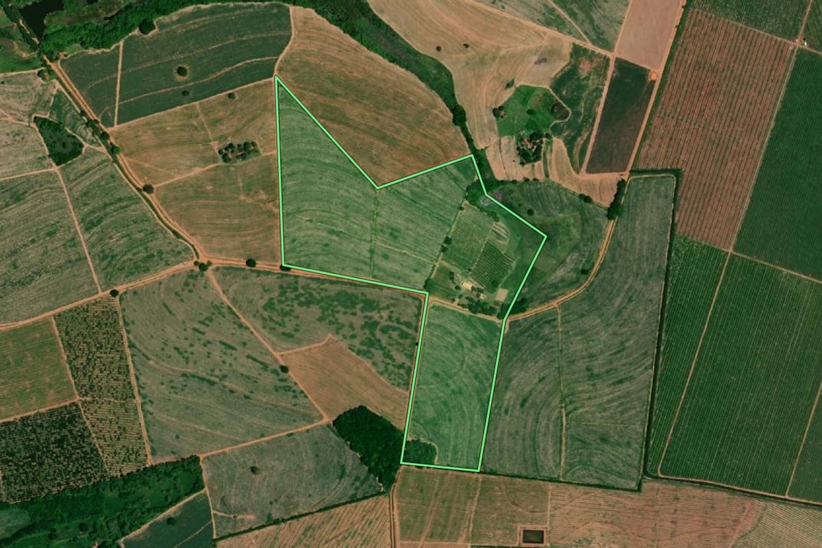 Imagem de satélite do imóvel rural em Bebedouro (SP), com o contorno declarado no CAR desenhado por cima.
