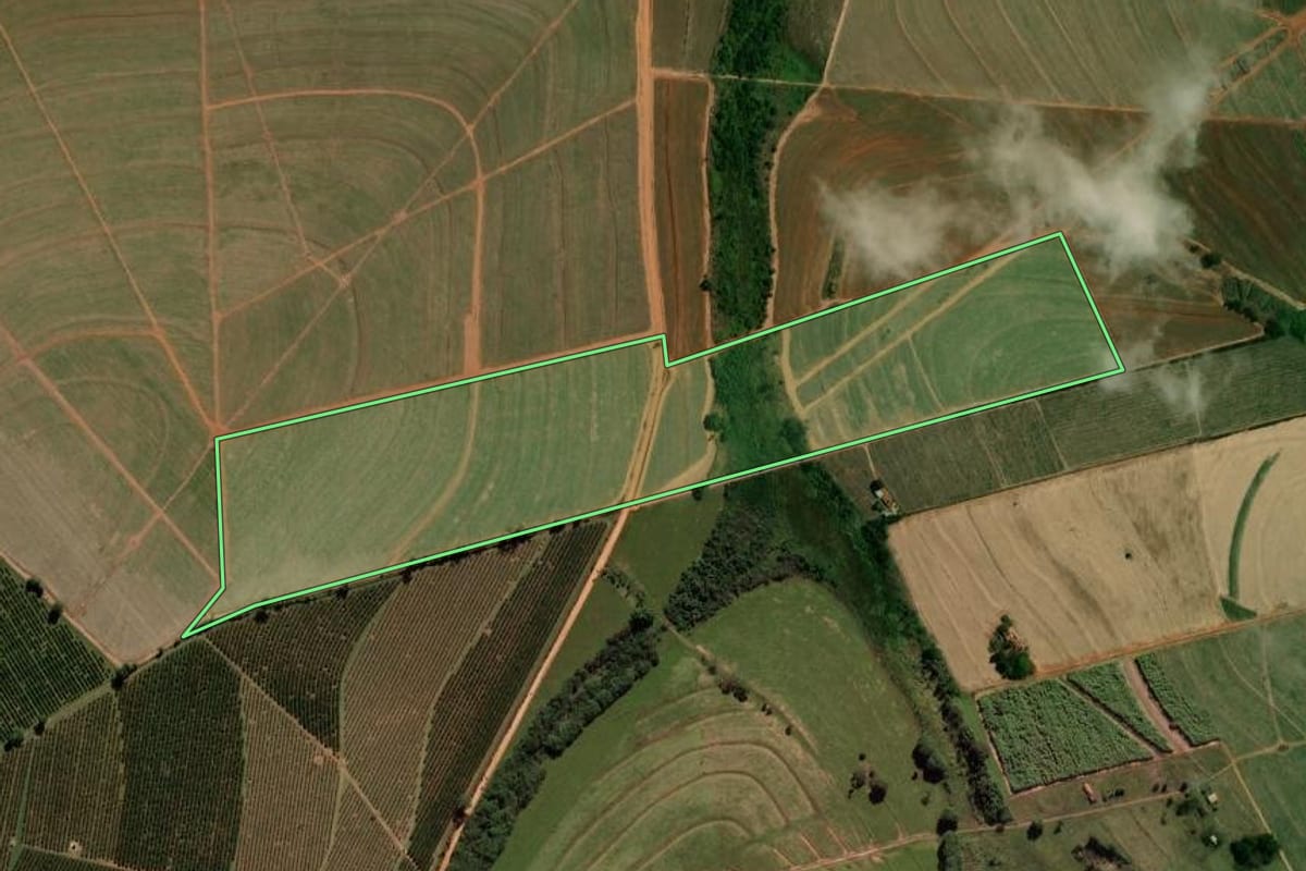 Imagem de satélite do imóvel rural em Bebedouro (SP), com o contorno declarado no CAR desenhado por cima.