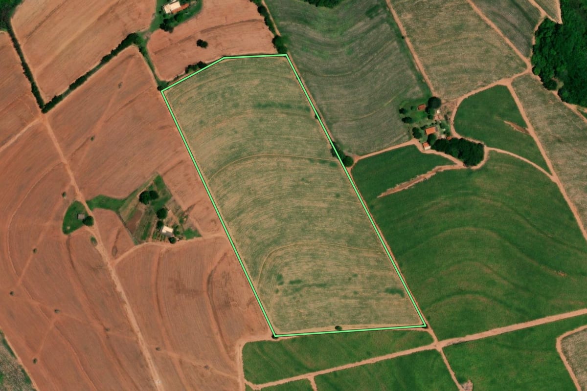 Imagem de satélite do imóvel rural em Bebedouro (SP), com o contorno declarado no CAR desenhado por cima.