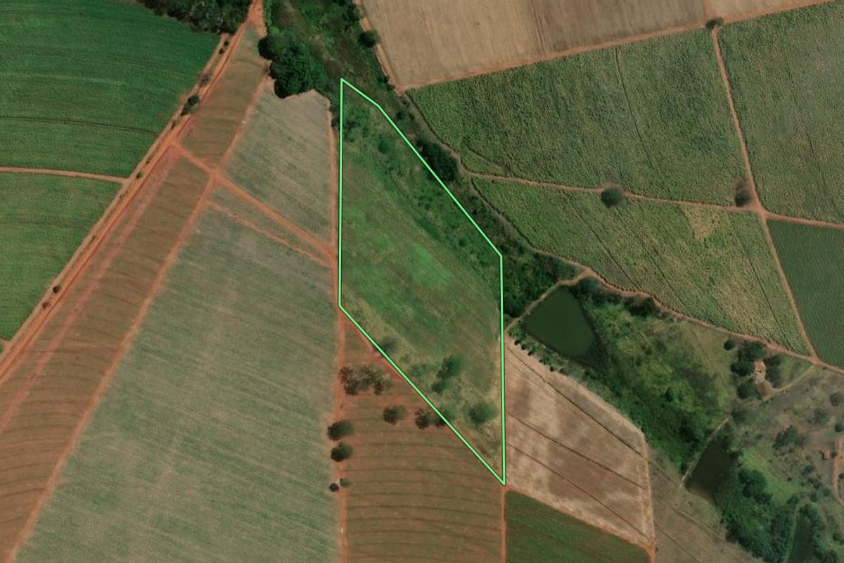 Imagem de satélite do imóvel rural em Bebedouro (SP), com o contorno declarado no CAR desenhado por cima.