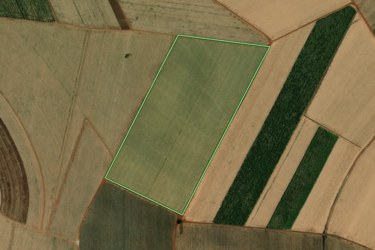 Imagem de satélite do imóvel rural em Bebedouro (SP), com o contorno declarado no CAR desenhado por cima.
