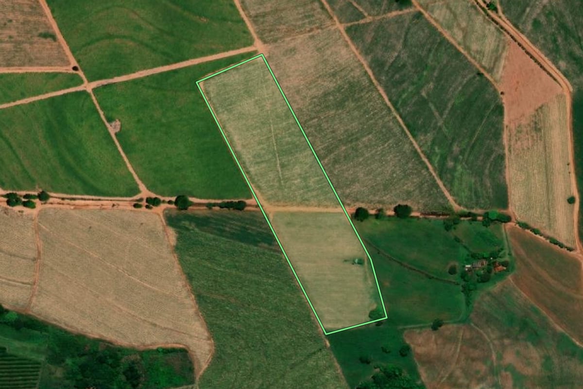 Imagem de satélite do imóvel rural em Bebedouro (SP), com o contorno declarado no CAR desenhado por cima.