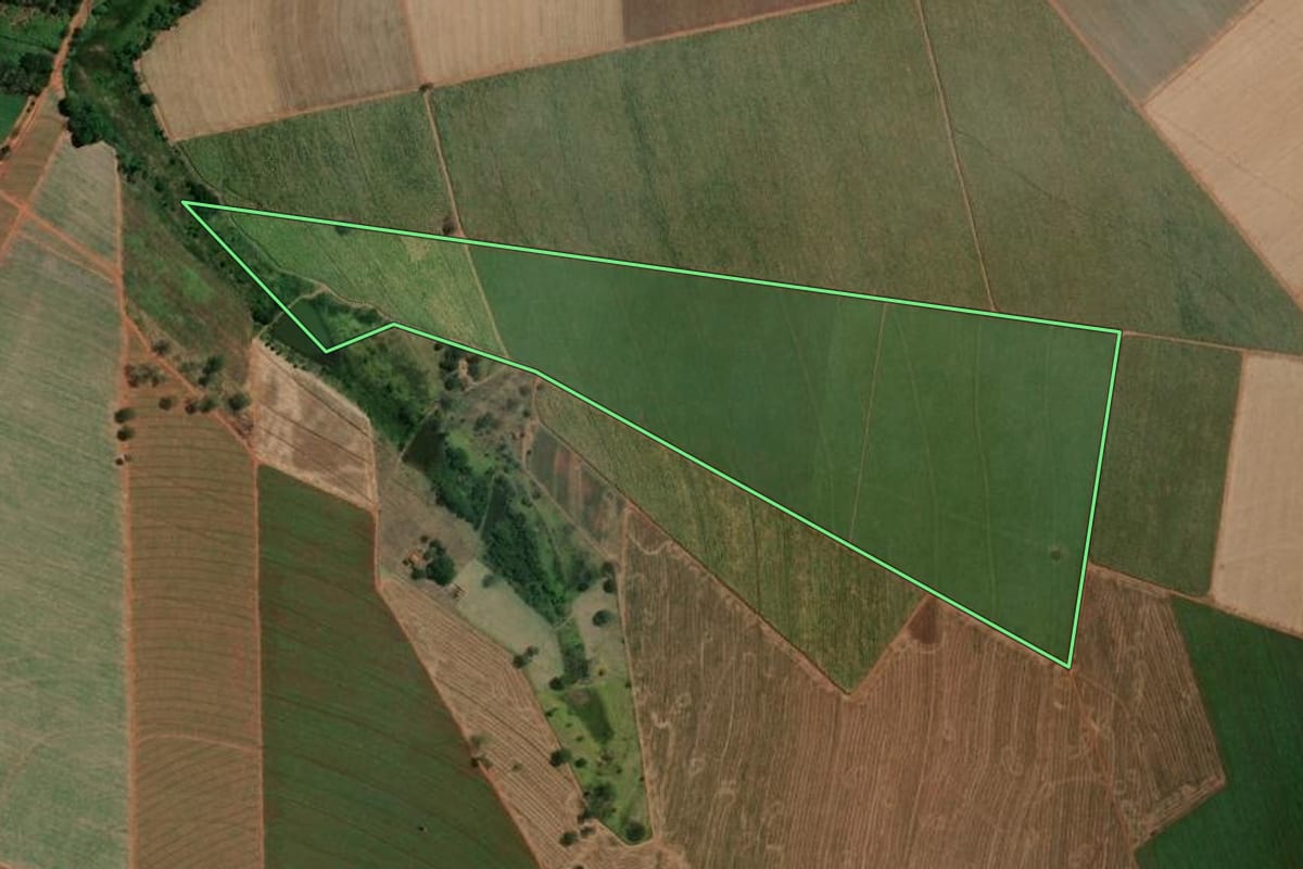 Imagem de satélite do imóvel rural em Bebedouro (SP), com o contorno declarado no CAR desenhado por cima.