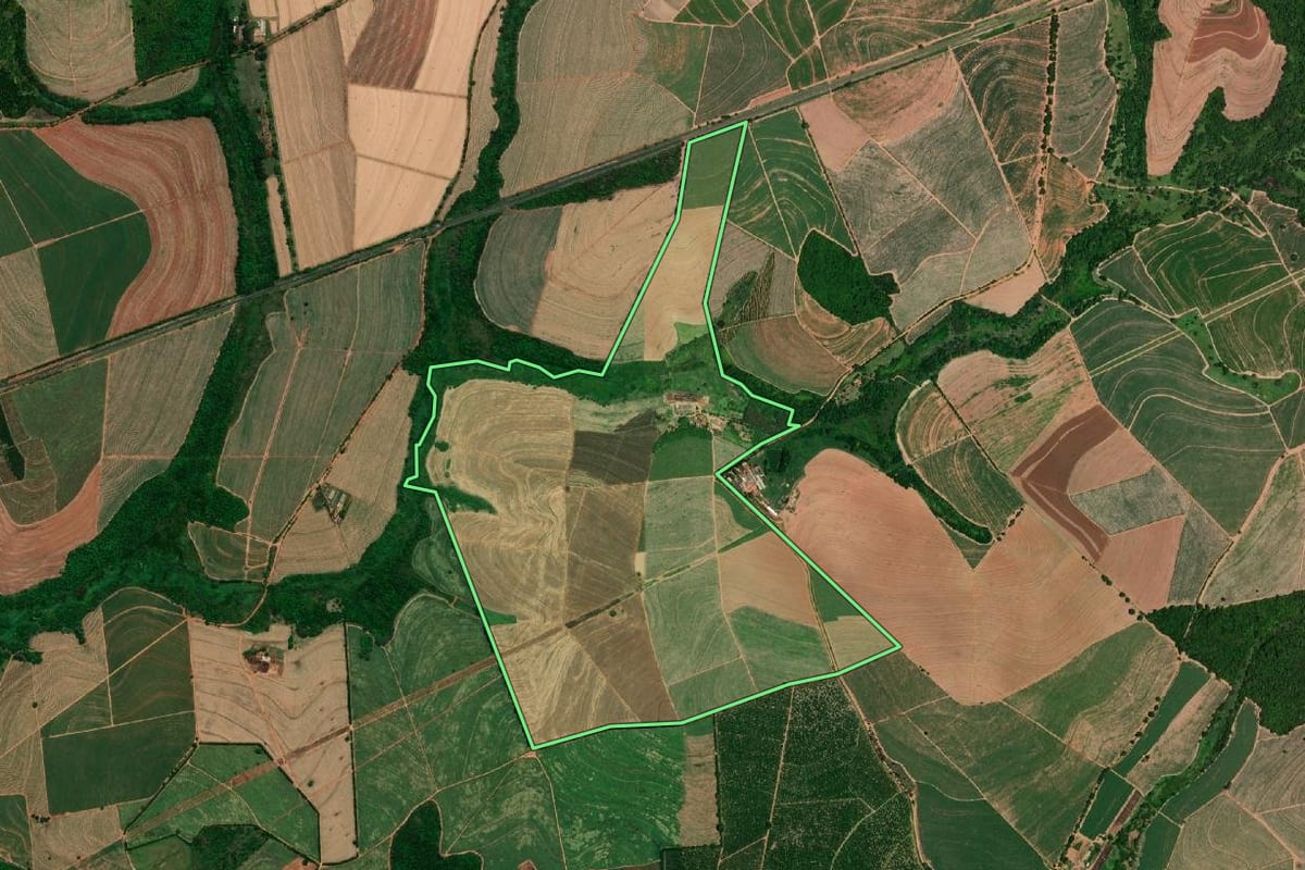 Imagem de satélite do imóvel rural em Bebedouro (SP), com o contorno declarado no CAR desenhado por cima.