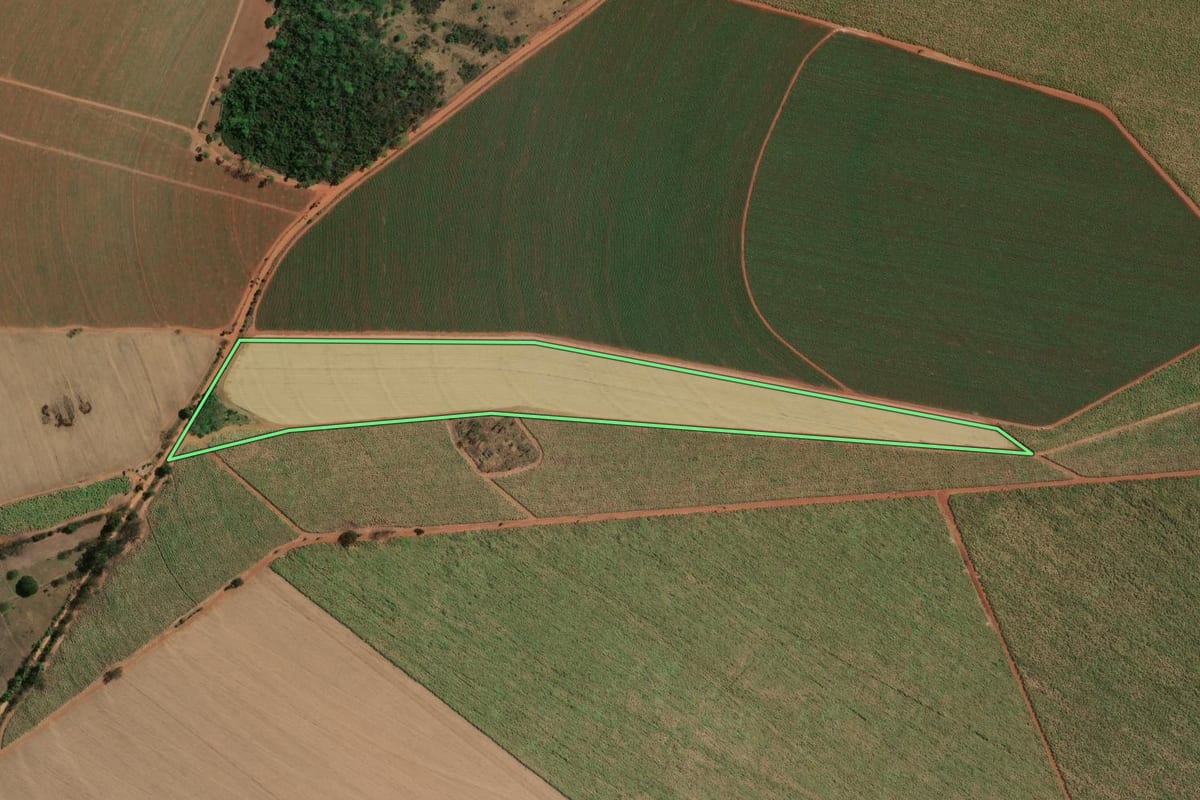 Imagem de satélite do imóvel rural em Bebedouro (SP), com o contorno declarado no CAR desenhado por cima.