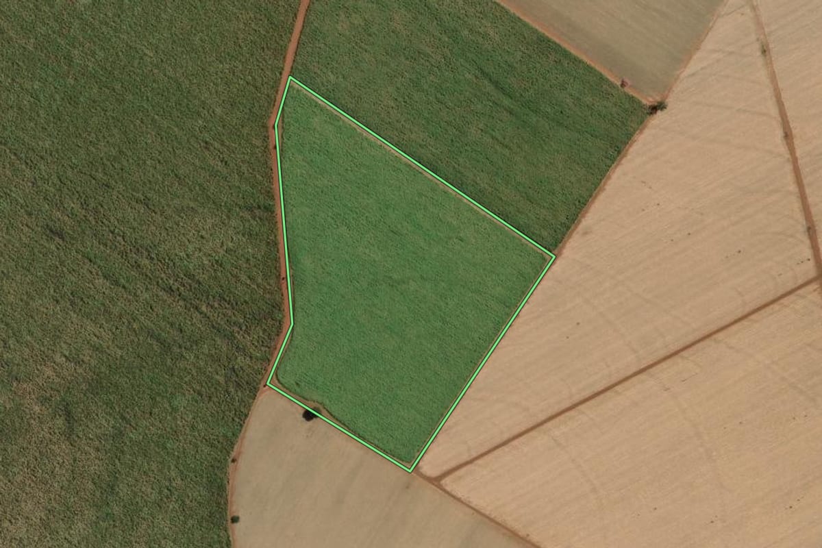 Imagem de satélite do imóvel rural em Bebedouro (SP), com o contorno declarado no CAR desenhado por cima.