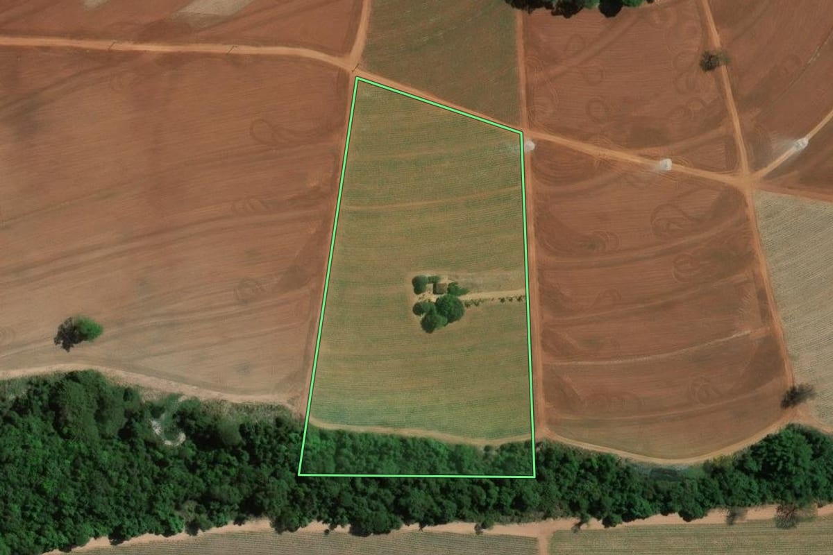 Imagem de satélite do imóvel rural em Bebedouro (SP), com o contorno declarado no CAR desenhado por cima.