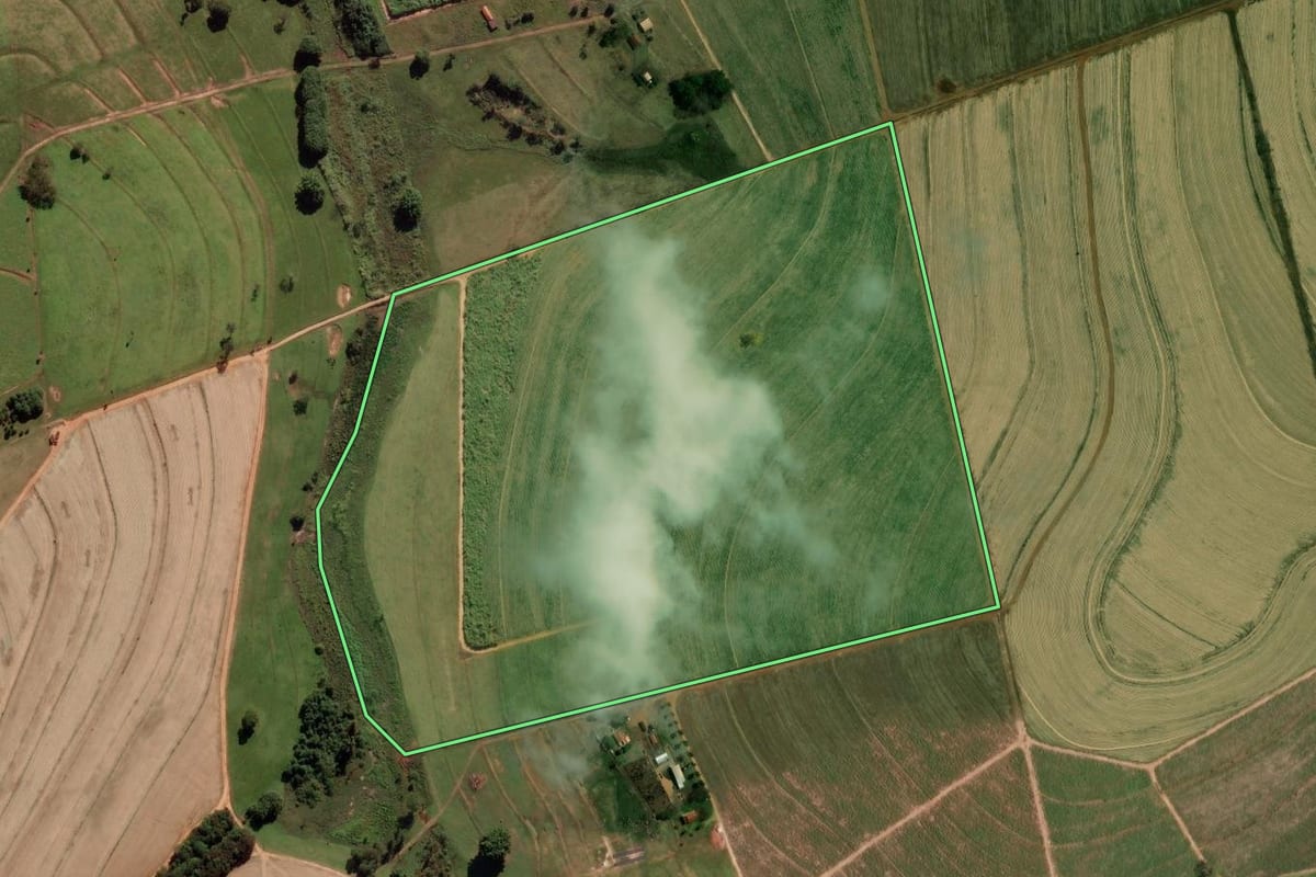 Imagem de satélite do imóvel rural em Bebedouro (SP), com o contorno declarado no CAR desenhado por cima.