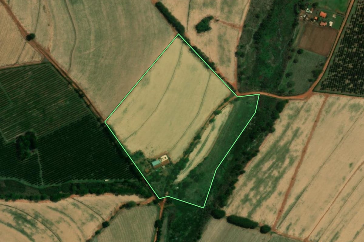 Imagem de satélite do imóvel rural em Bebedouro (SP), com o contorno declarado no CAR desenhado por cima.
