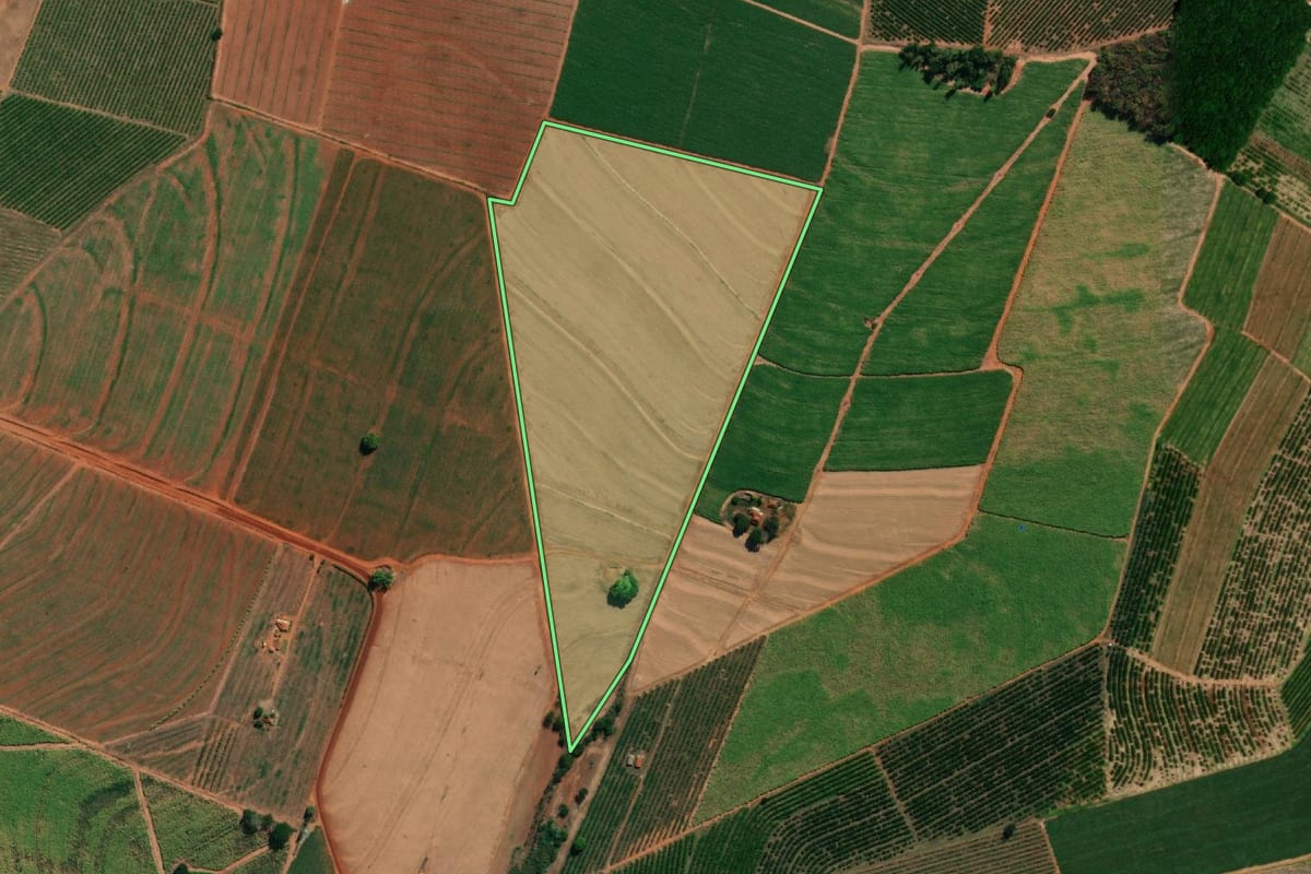 Imagem de satélite do imóvel rural em Bebedouro (SP), com o contorno declarado no CAR desenhado por cima.