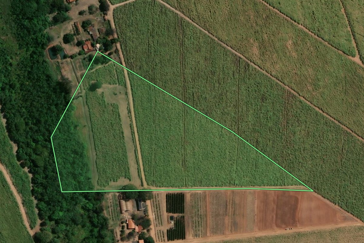 Imagem de satélite do imóvel rural em Bebedouro (SP), com o contorno declarado no CAR desenhado por cima.