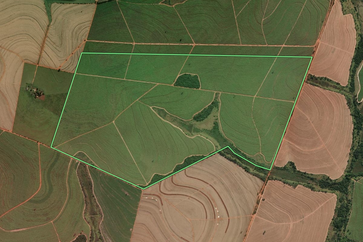 Imagem de satélite do imóvel rural em Bento de Abreu (SP), com o contorno declarado no CAR desenhado por cima.