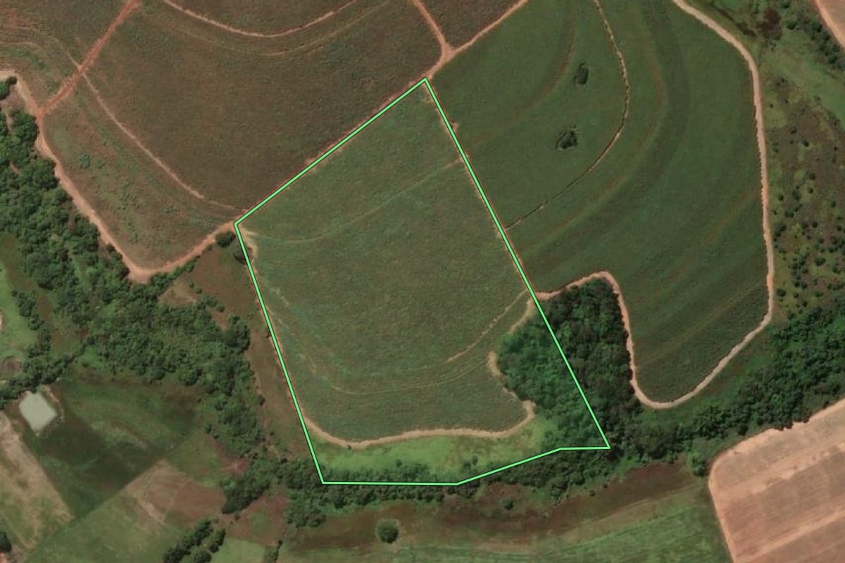 Imagem de satélite do imóvel rural em Bento de Abreu (SP), com o contorno declarado no CAR desenhado por cima.