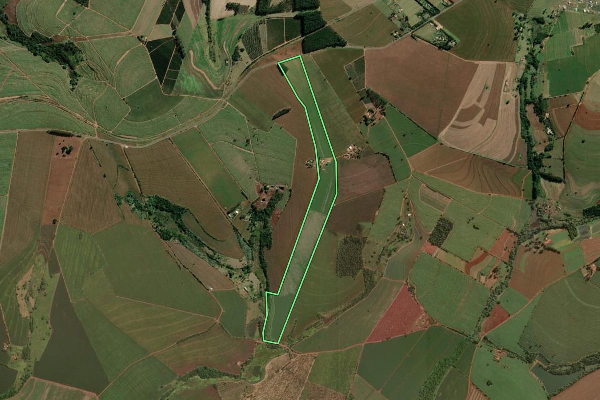 Imagem de satélite do imóvel rural em Bernardino de Campos (SP), com o contorno declarado no CAR desenhado por cima.