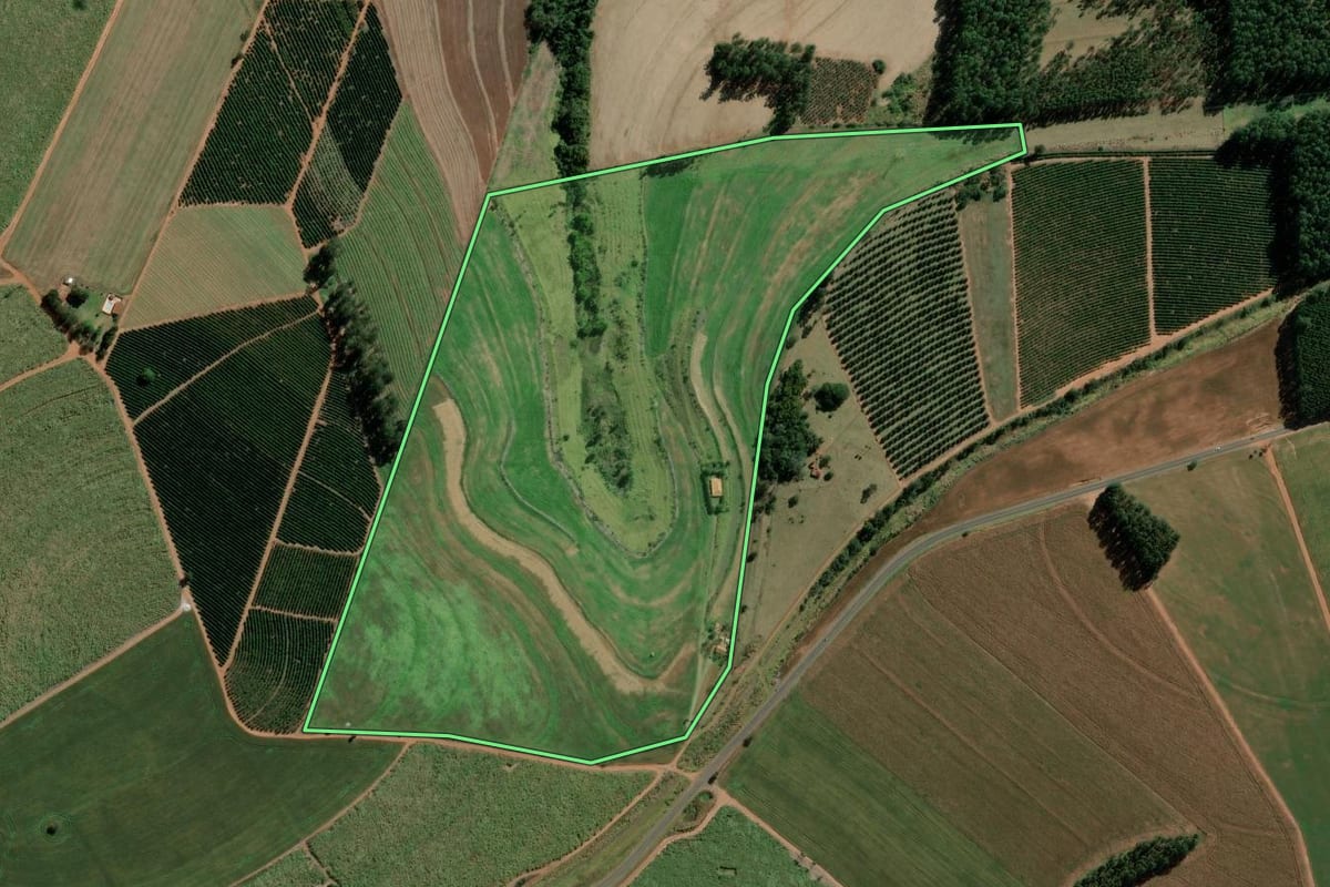 Imagem de satélite do imóvel rural em Bernardino de Campos (SP), com o contorno declarado no CAR desenhado por cima.