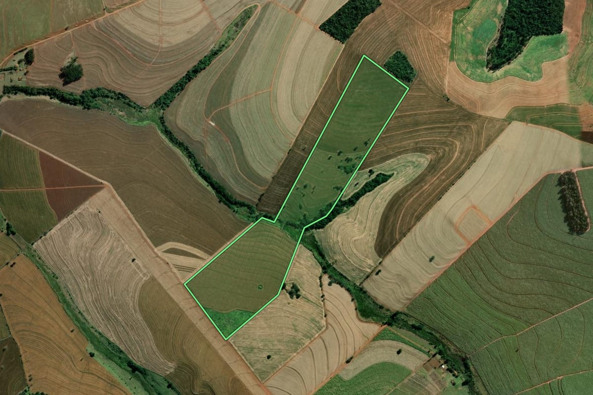 Imagem de satélite do imóvel rural em Bernardino de Campos (SP), com o contorno declarado no CAR desenhado por cima.
