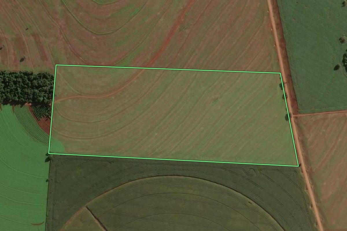 Imagem de satélite do imóvel rural em Bernardino de Campos (SP), com o contorno declarado no CAR desenhado por cima.
