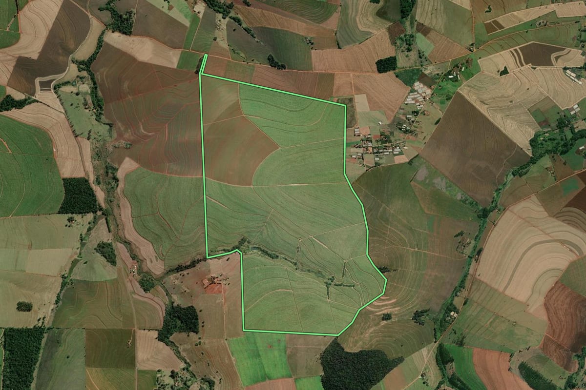Imagem de satélite do imóvel rural em Bernardino de Campos (SP), com o contorno declarado no CAR desenhado por cima.